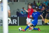(L-R) Yann-Erik de Lanlay of Norway U21, Marco Capuano of Italy U21 during the UEFA U21 Championship match between Norway U21 and Italy U21 on June 11, 2013 at the Bloomfield stadium in Tel Aviv, Israel.